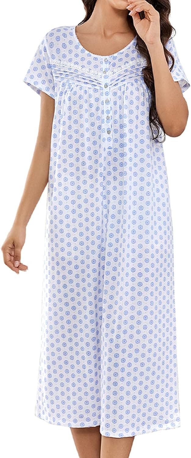 IZZY + TOBY Cotton Nightgowns for Women Long Lightweight Short Sleeves Ladies Soft Nightdress Pajamas