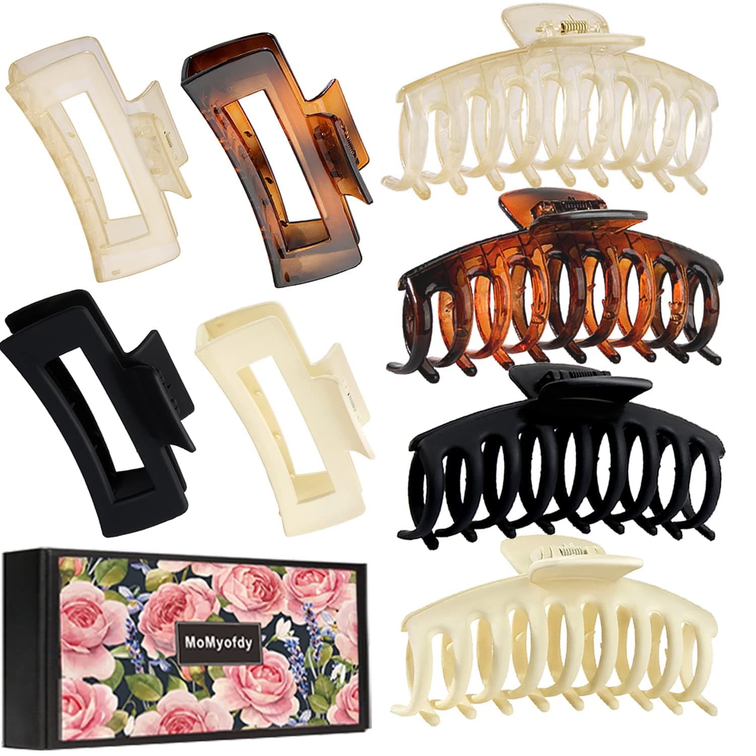 MoMyofdy Big Hair Claw Clips, 8 Pack 4.3’’ Hair Clips For Women&Girls,Strong Hold Claw Hair Clips for Women Thick Hair & Thin Hair,90's Vintage Jaw Clips( Neutral Colors:Black, White, Brown,Clear)