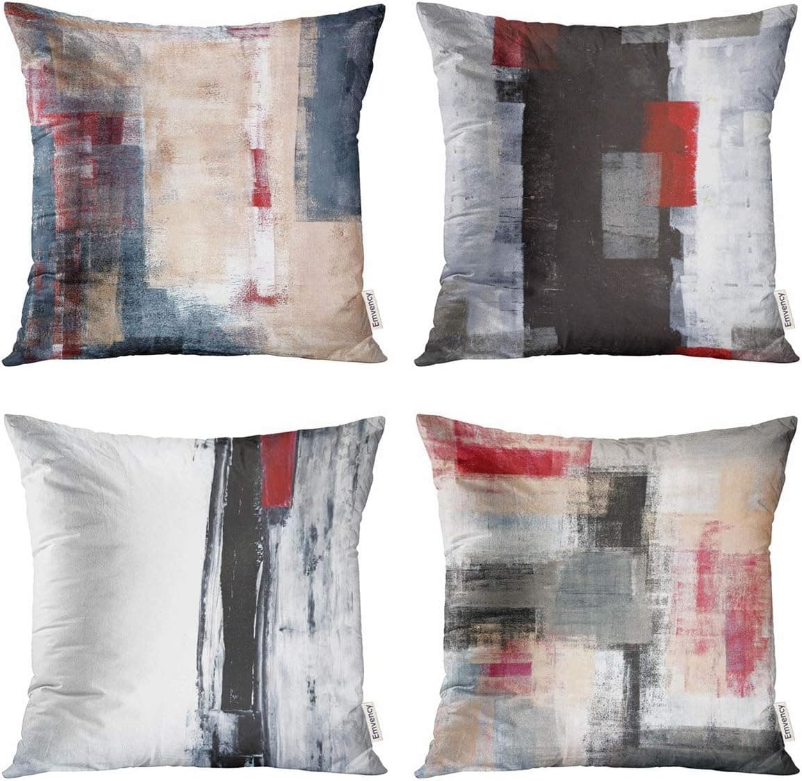 Taysta Set of 4 Decorative Throw Pillow Covers Cases Beige Grey and Red Black and White Abstract Art Painting Modern Home Square Decor Pillow Case Cover Cushion Sofa Size 18x18 Inches Pillowcases