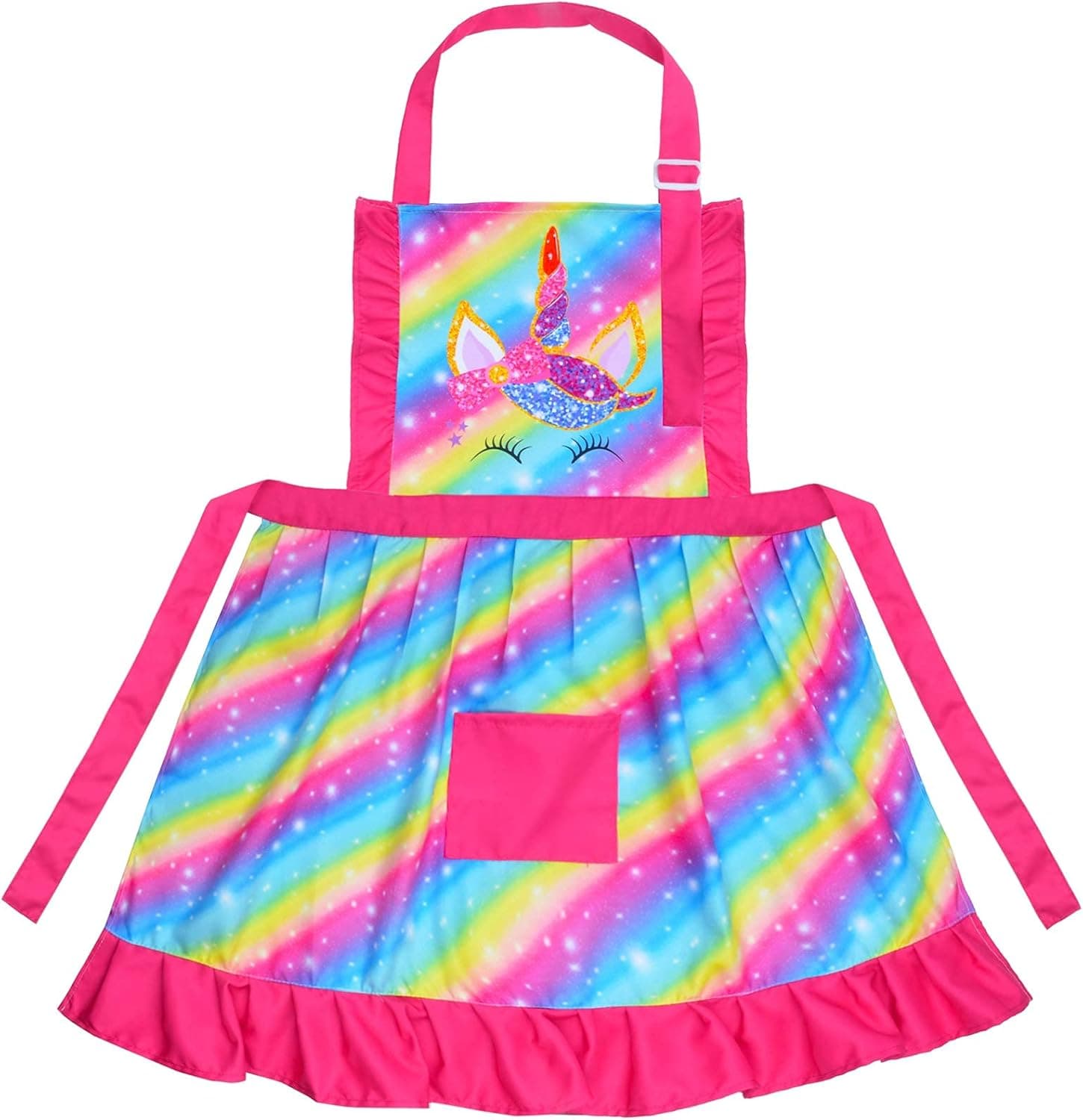 Sylfairy Kids Apron, Child Aprons with Adjustable Strap Pockets, Rainbow Unicorn Apron, Girls Pleated Skirt Aprons for Baking Painting Gardening (Rainbow, Medium,6-12Years)