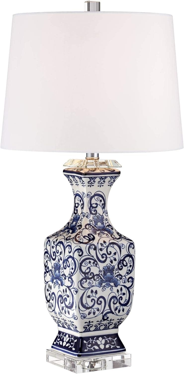 Barnes and Ivy Iris Vintage Asian Chinese Style Table Lamp 28" Tall Porcelain Blue Floral Jar Geneva White Drum Shade Decor for Living Room Bedroom House Bedside Nightstand Home Office Reading