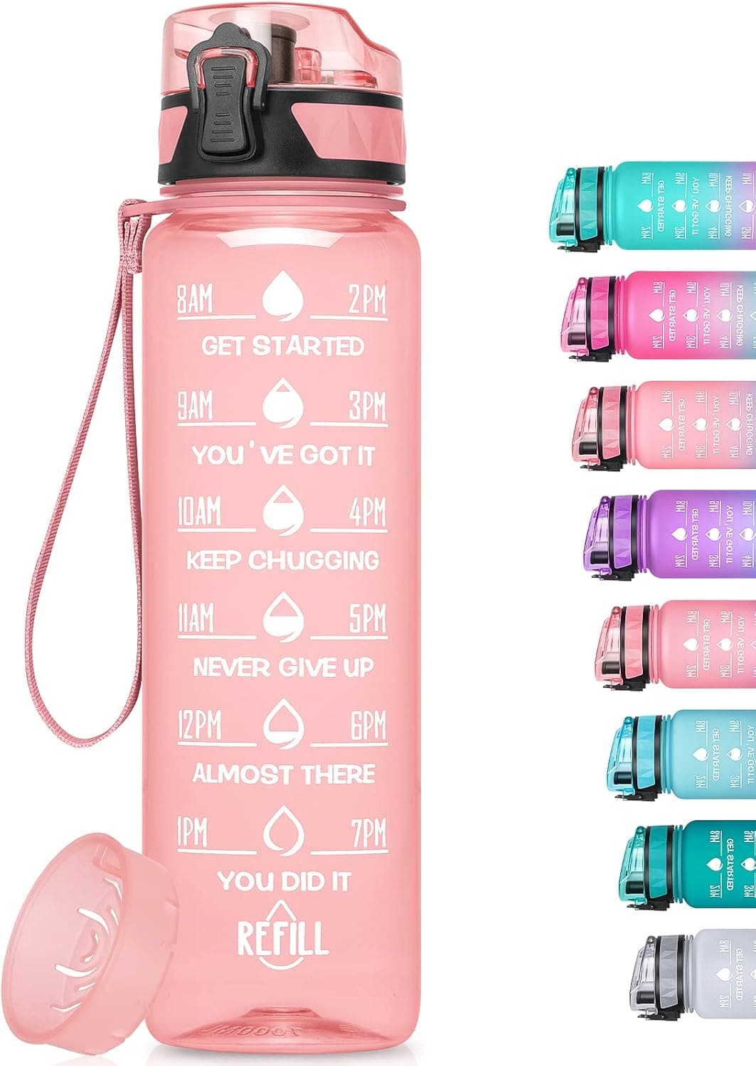 MEITAGIE 32oz/26oz Motivational Water Bottle with Time Marker & Fruit Strainer, Leak-proof Bottle with Carrying Strap, Perfect for Outdoor Sports