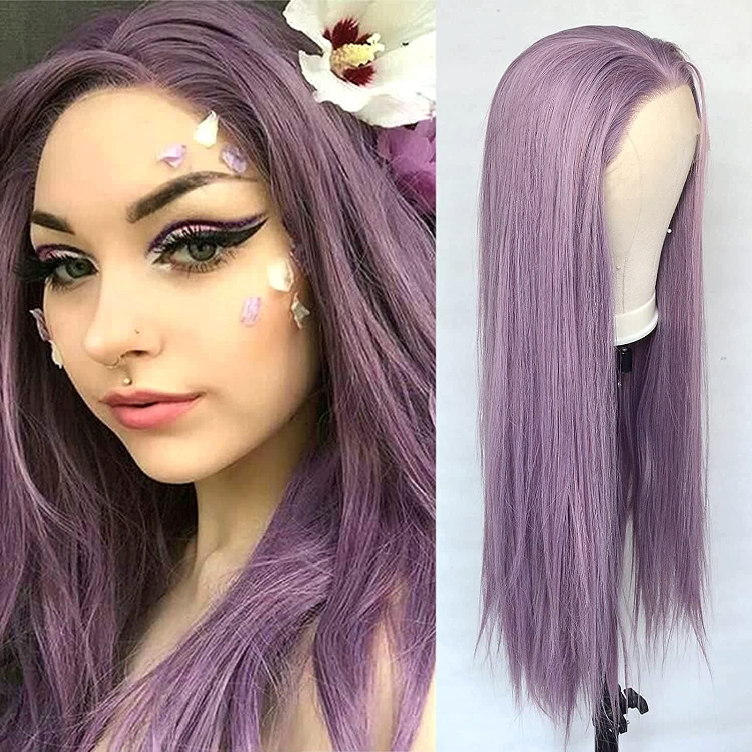 Purple Lace Front Wig for Black Women，Middle Part Long Cosplay Purple Synthetic Wig For African American Women