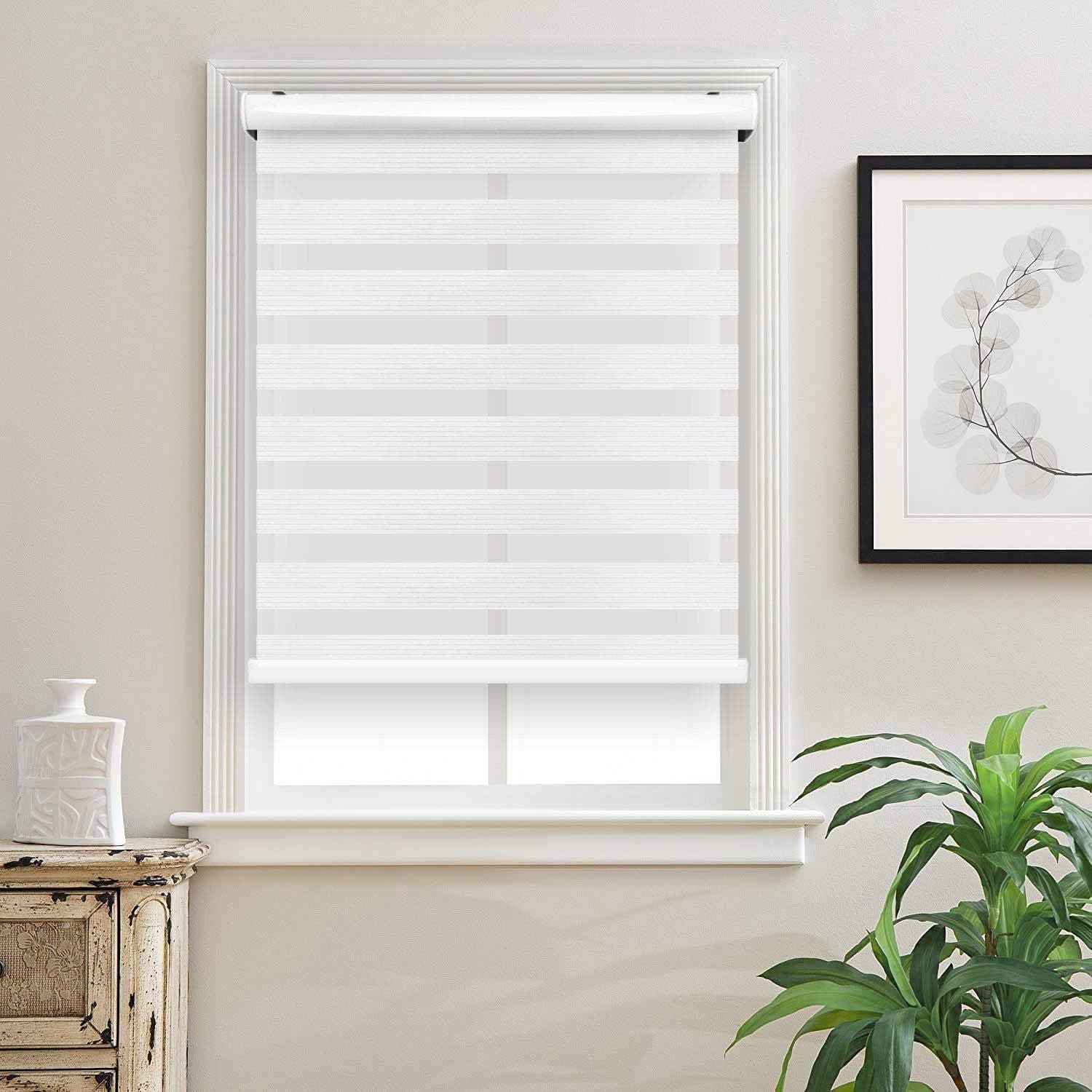 Biltek Cordless Zebra Window Blinds with Modern Design - Roller Shades w/Dual Layers - Solid & Sheer Shades for Transparency/Privacy - Great for Home, Office, Kitchen, Bathroom - White, 58" W X 72" H