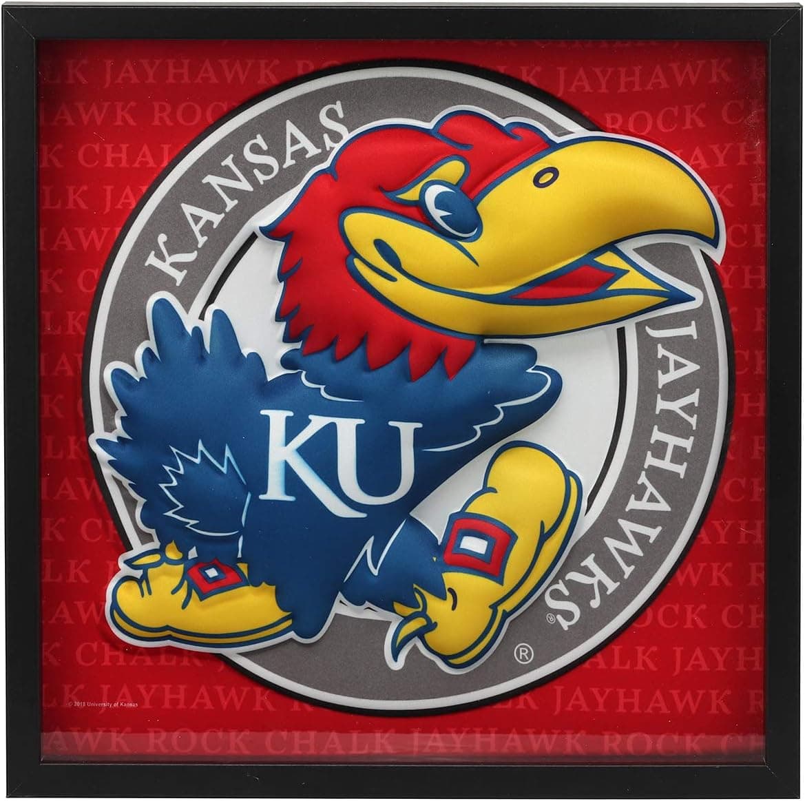 Open Road Brands University of Kansas Jayhawk Mascot Wood and Glass Framed Wall Art - KU Wall Decor for Home or Office