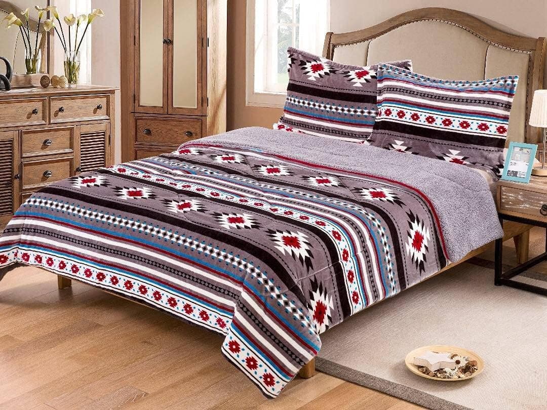 Linen Mart Southwest Aztec Sherpa Borrego Fleece Blanket - 3 Piece Set (Gray, King)