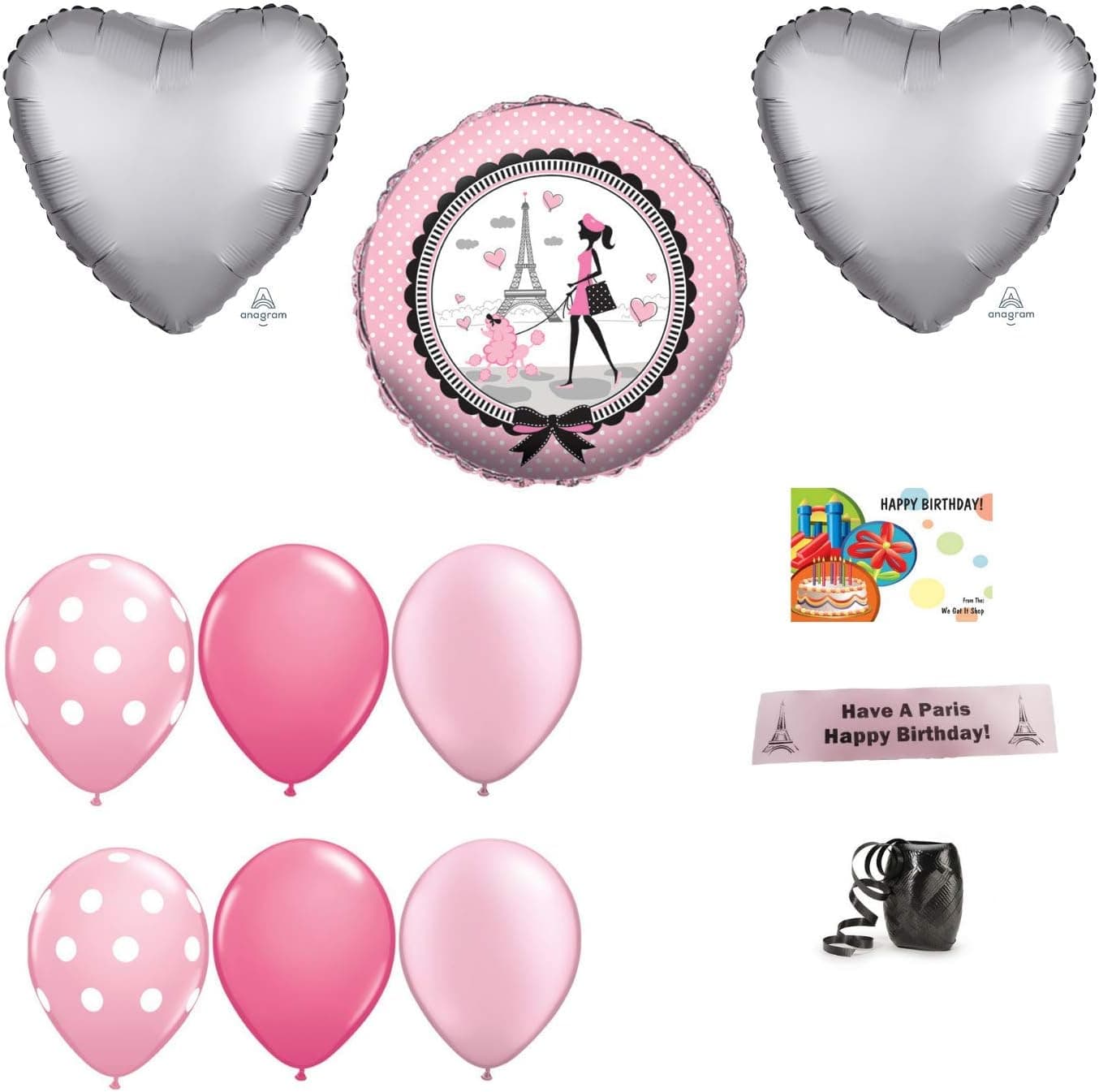 Party In Paris Birthday Balloon Bundle With Bonus Printed Ribbon