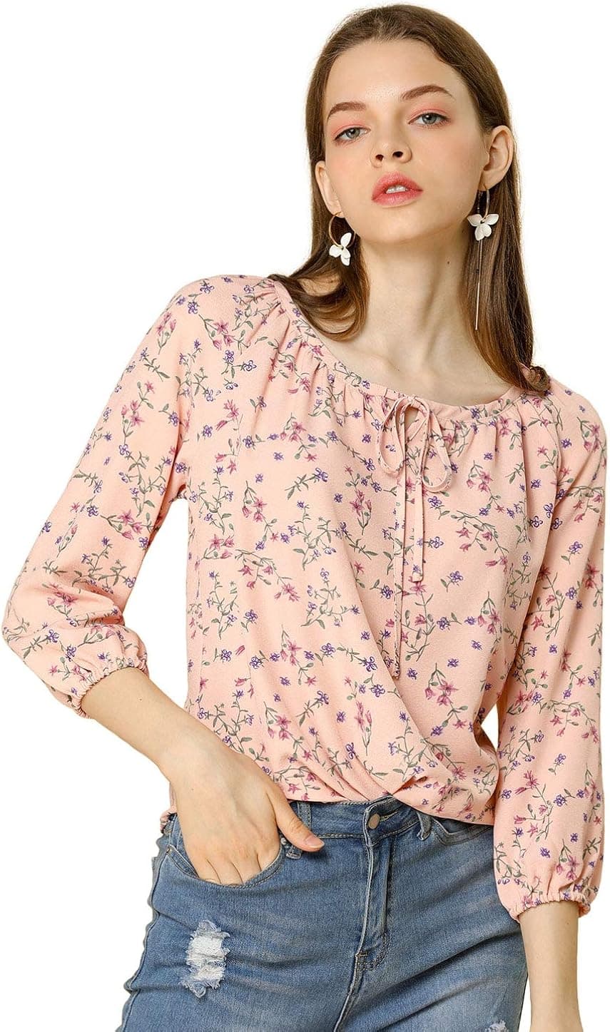 Allegra K Women's Bow Tie Neck 3/4 Raglan Sleeve Floral Blouse Tops