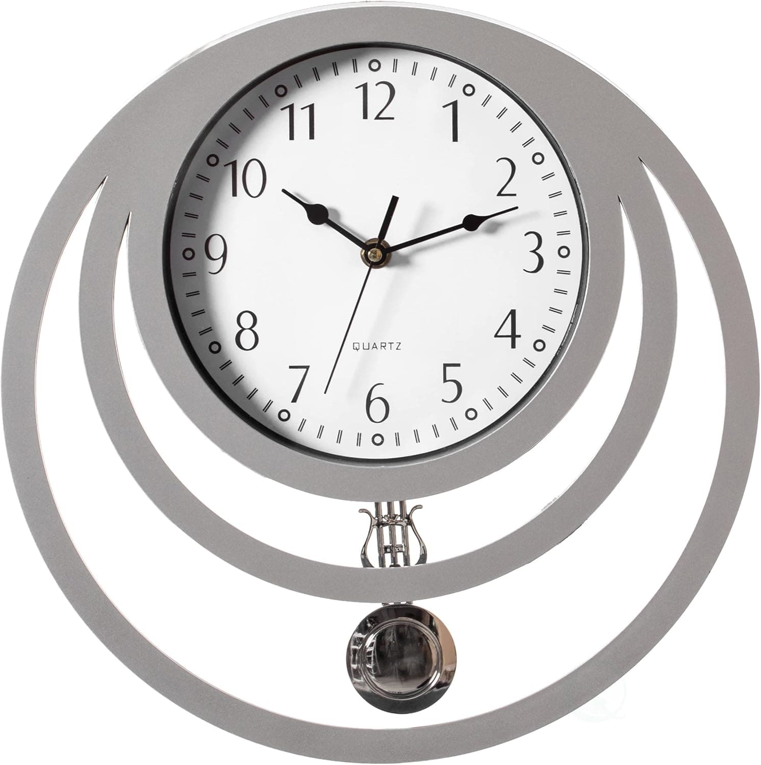 Quickway Imports Decorative Modern Unique Round Plastic Wall Clock with Circles, for Living Room, Kitchen, or Dining Room, Silver