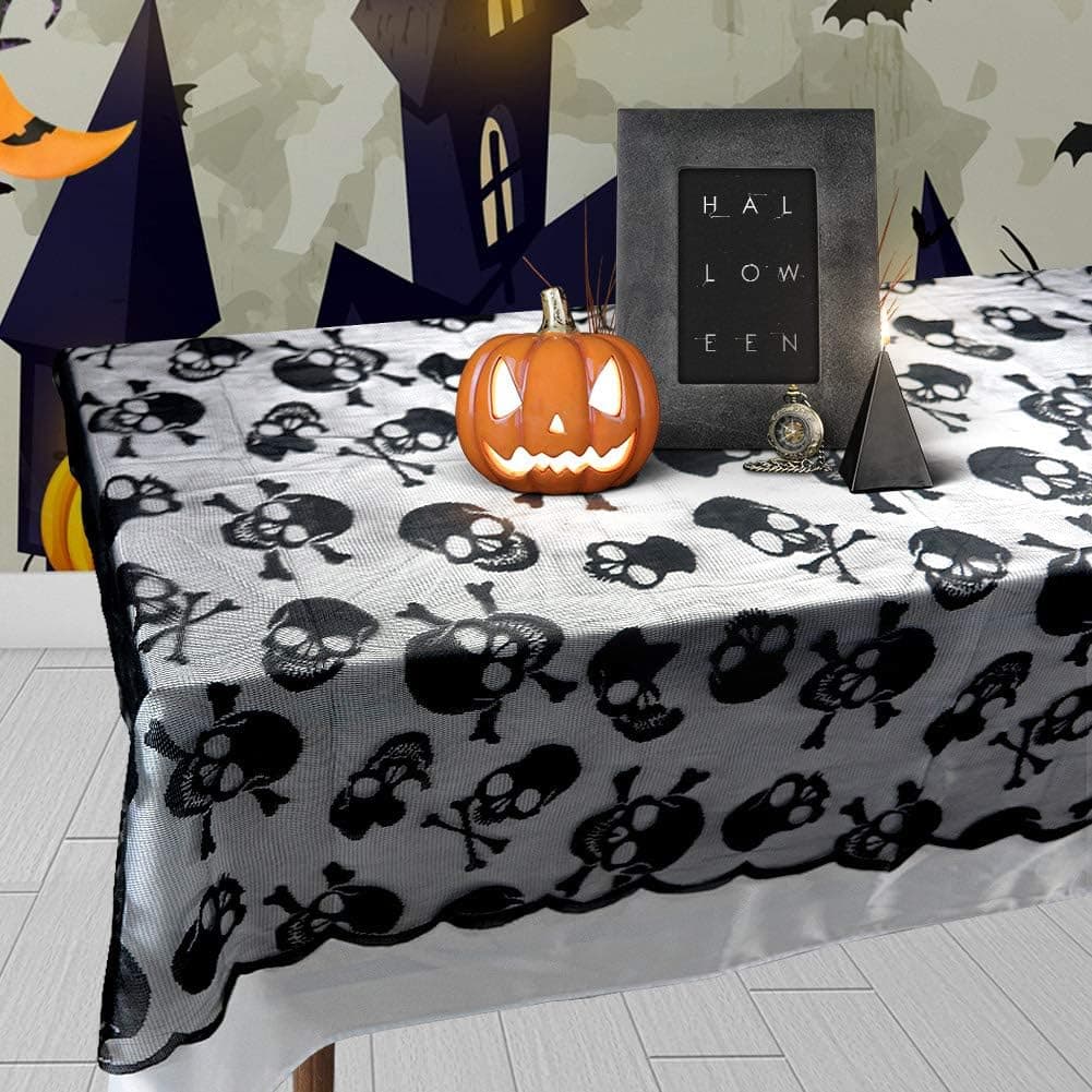 Jaoul 60"x84" Halloween Skull Black Lace Tablecloth for Rectangular Table, Tablecover for Parties Scary Movie Nights Themed Bars Decoration