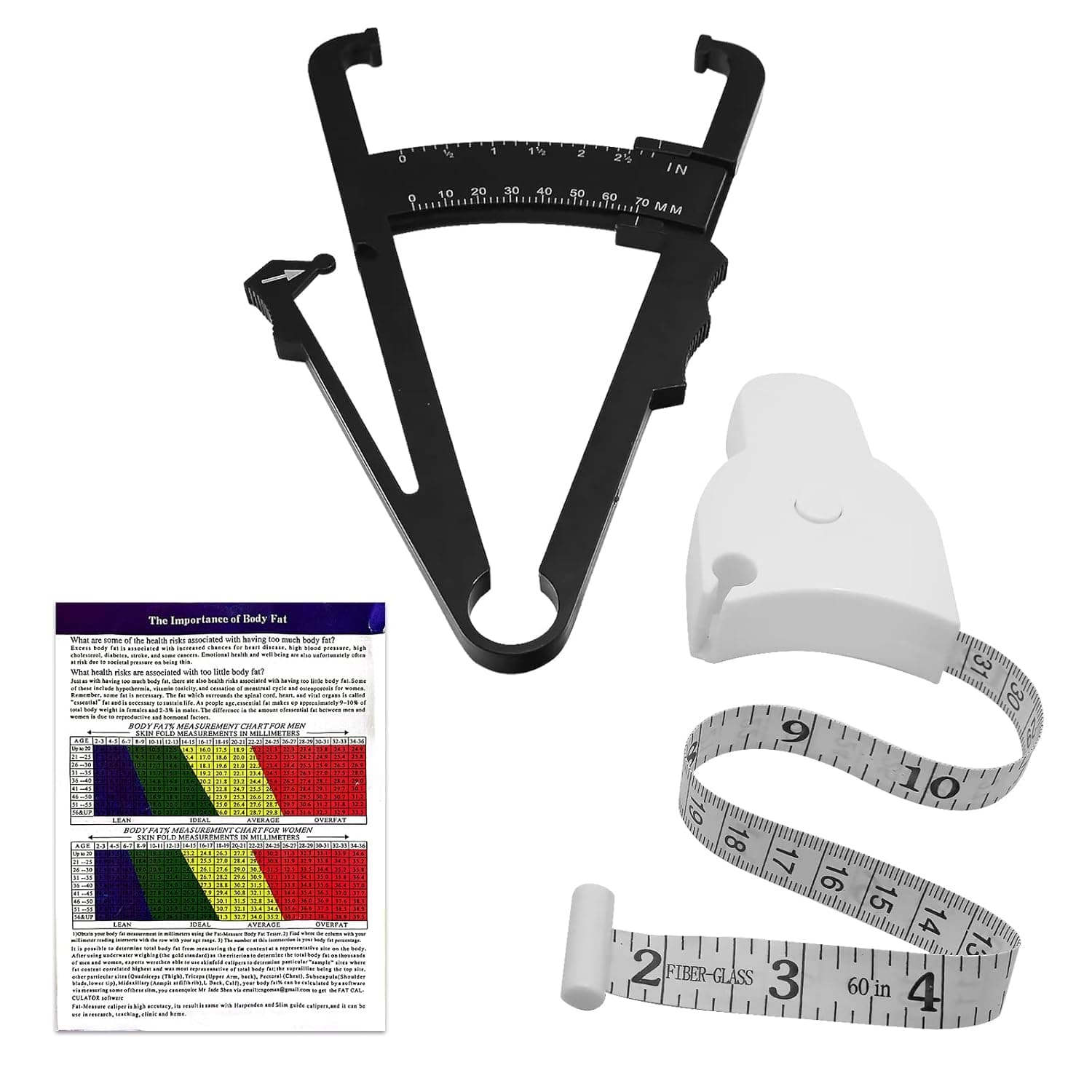 2PCS Measuring Tape for Body, Tape Measure Body Measuring Tape 60inch (150cm)and Skinfold Caliper, Body Fat Tape Measure Tool for Accurately Measuring BMI,Weight-Loss, Muscle Gain