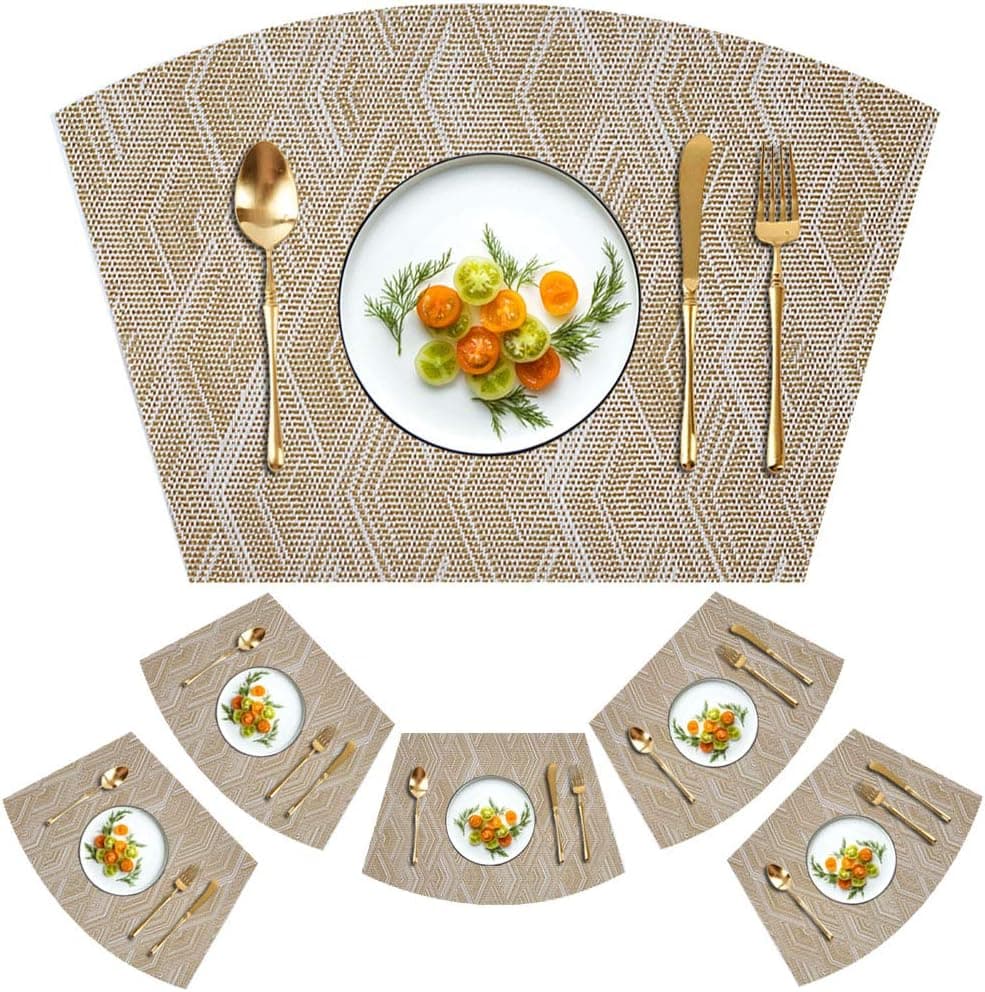 Kreatur Woven Vinyl Placemats for Dining Table Durable Heat Resistant Washable Wedge Placemats for Round Table,Placemats Set of 6,Gold