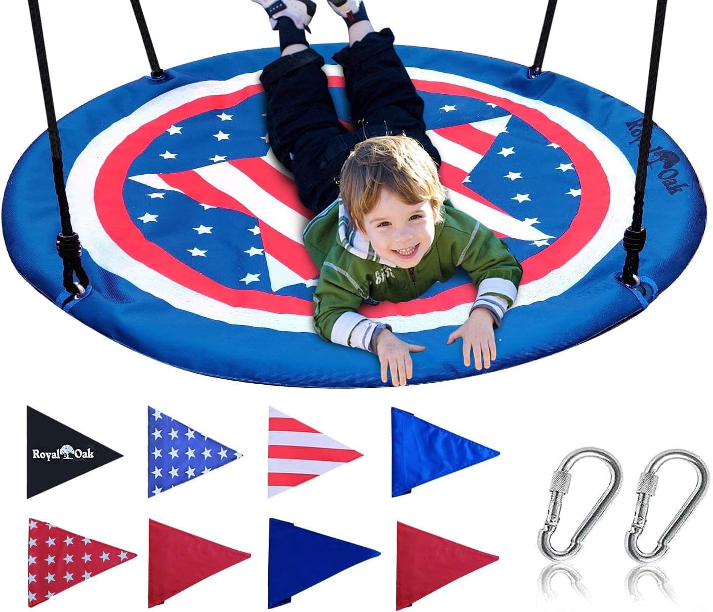 Royal Oak Saucer Tree Swing,Giant 40 Inches with Carabiners and Flags, 700 lb Weight Capacity, Steel Frame, Waterproof, Easy to Install with Step by Step Instructions, Non-Stop Fun! (US Flag)