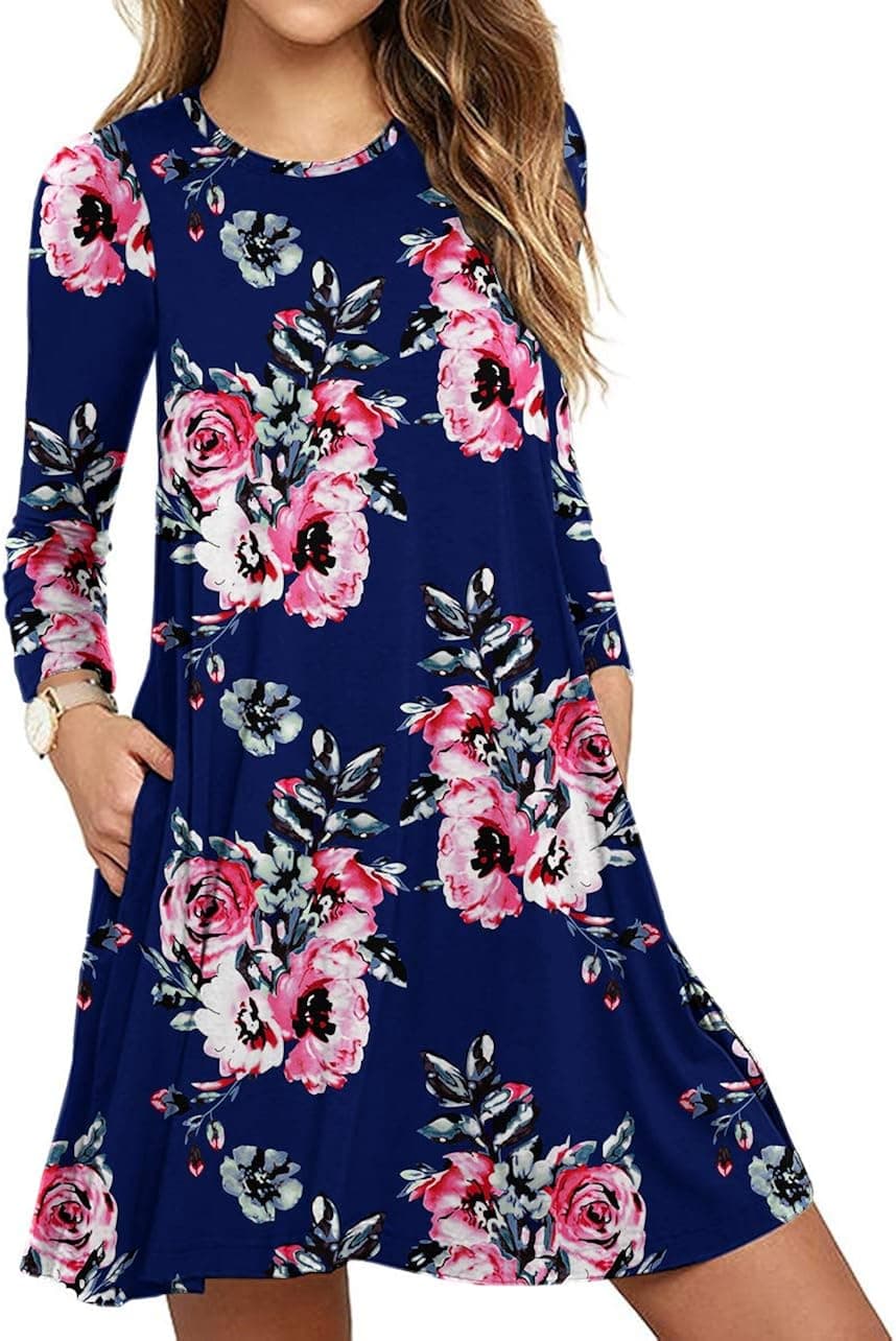 HAOMEILI Women's Long Sleeve Pockets Casual Loose T-Shirt Dresses