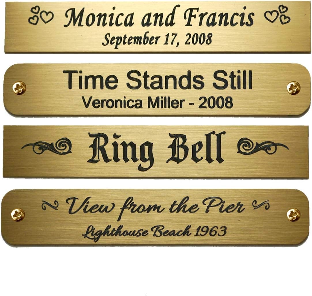 Size: 3" W x 1/2" H, Personalized, Custom Engraved, Brushed Gold Solid Brass Plate Picture Frame Name Label Art Tag for Frames, with Adhesive Backing or Screws - Indoor use only