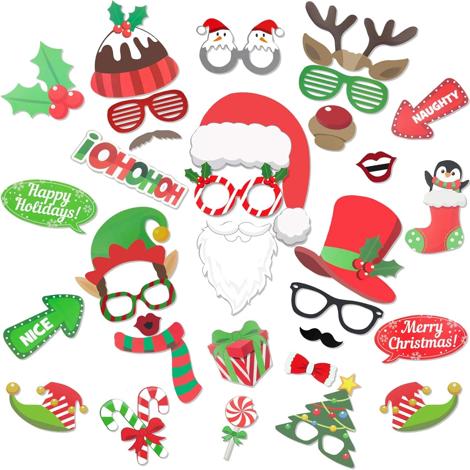 Christmas Photo Booth Props 32 Pcs Christmas Party Decorations Funny Photo Props with Sticks Christmas Games Party Favors for Adults and Kids Photobooth Party Props Holiday Accessories Supplies
