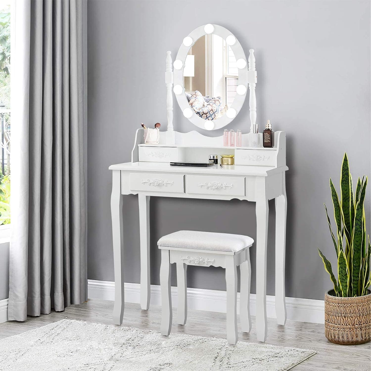 Giantex Vanity Table Set with 10 LED Lights, Makeup Dressing Table w/Lighted Oval Mirror and Touch Switch, Brightness Adjustable,4 Drawers Makeup Dressing Desk w/Cushioned Stool Set (White)