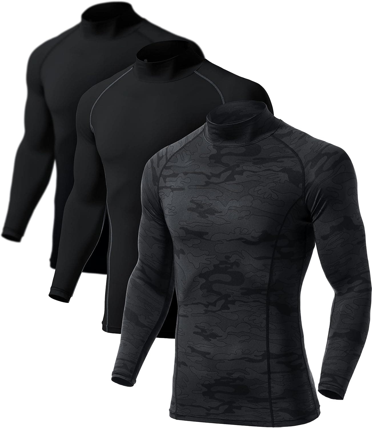 ATHLIO 2 or 3 Pack Men's UPF 50+ Mock Long Sleeve Compression Shirts, Athletic Workout Shirt, Water Sports Rash Guard