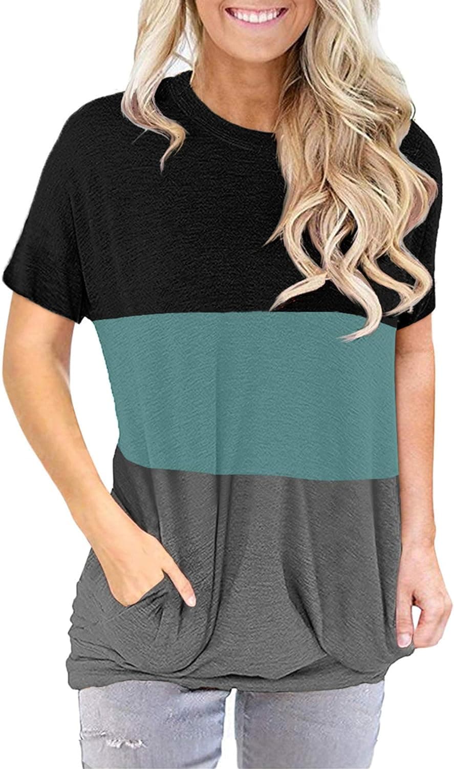 onlypuff Womens Short Sleeve Pocket Shirts Crew Neck T Shirt Casual Loose Summer Top