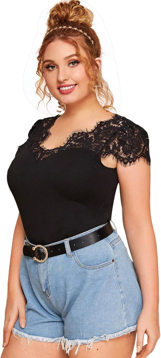 Romwe Women's Plus Size Contrast Lace Cap Sleeve V Neck Slim Fit Tops Blouse Shirts