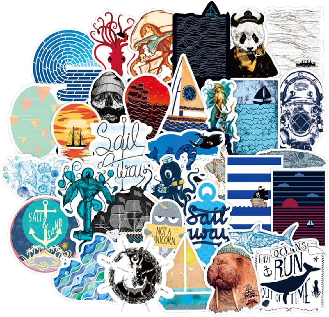 Sea Exploration Ocean Sailing Stickers 50pcs, Diving, Sea Anmals Sailboat Vinyl Decals, Laptop Stickers, Water Bottle, Bumper Car Stickers (Sea Exploration)