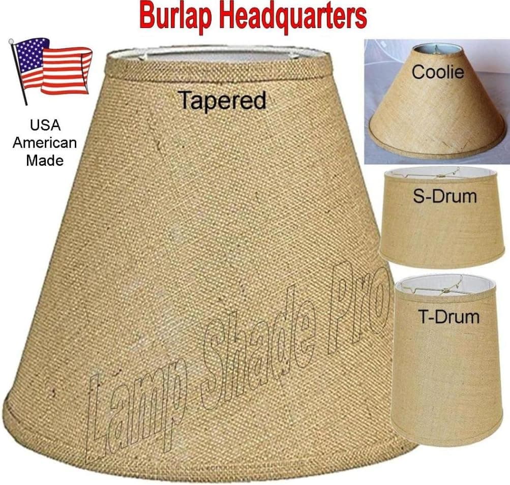 Burlap Lamp Shades USA Made in America - 18 Styles Sizes 8-24" Wide, Tapered Empire, Coolie, Tall Drum & Shallow Drum Rustic Lampshades w/Hardback Liner -Option=14"wide-Tapered Empire