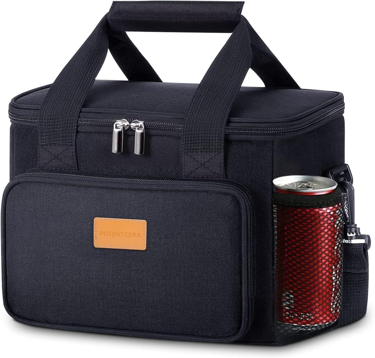 Large Lunch Bag 24L ( 40-Can ) ,POTENTCERA Insulated Lunch Box ,Leakproof Cooler Bag Black Reusable Lunch Bag with Should Strap,Thermal Lunch Cooler Tote With Pockets for Work Travel Picnic Office