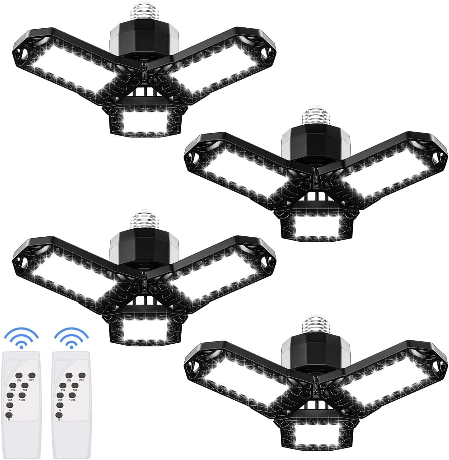 Inscrok Dimmable LED Garage Light 4 Pack, Brightness 10%-100% Adjustable, 60W 6000LM Deformable Garage Ceiling Lights Fixture with Remote, LED Work Shop Lights Bulb for Garage, Basement, Workshop