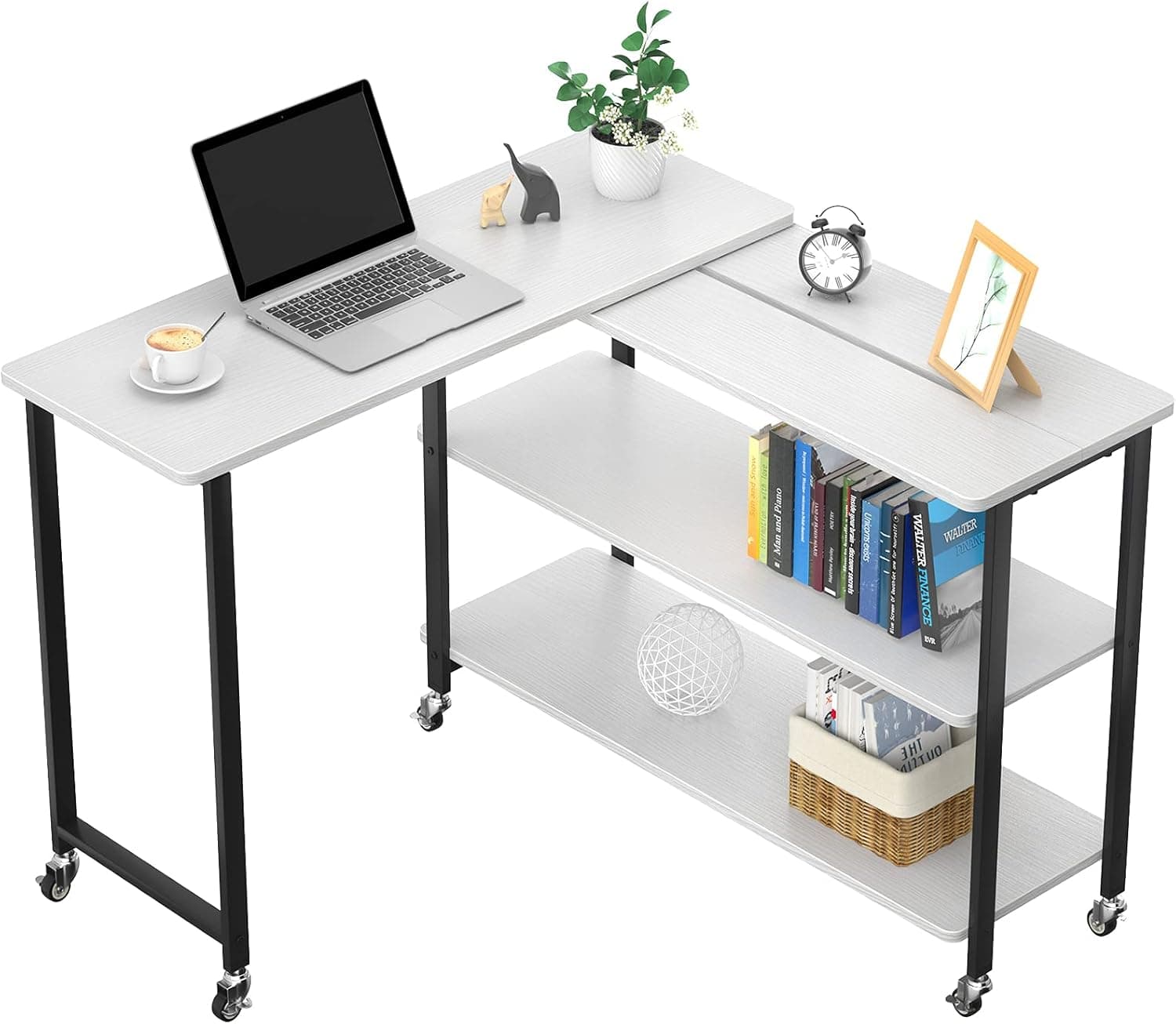 Topfurny Sofa Table Industrial Console Table 3-Tier Mobile Couch Snack Side Table 360°Free Rotating End Table L Shaped Sofa Bedside Laptop Stand with Storage Shelves, White