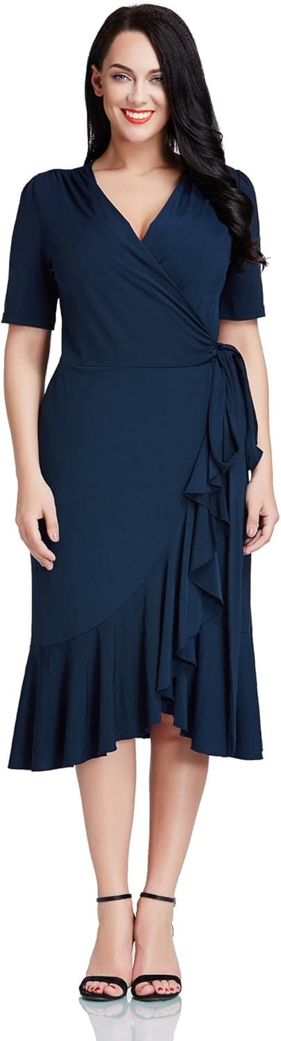 LookbookStore Women Plus Size Navy Ruffled Surplice Asymmetrical Midi Wrap Dress