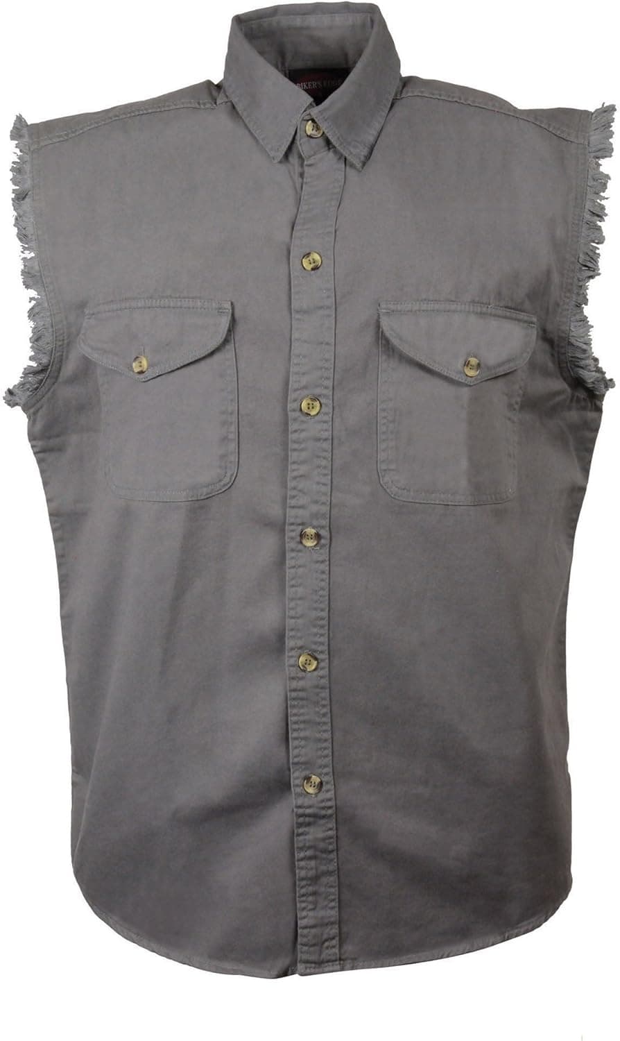 Mens Biker Riding Grey Cotton Cut Off Half Sleeveless Shirt with Frayed Sleeves
