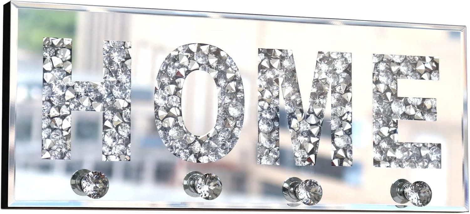 Crush Diamond Mirrored Home Letter Plaque Sign for Wall Decor, Crystal Clear Hooks Key Holder Key Hanger, Silver Mirror Decoration Wall Art, Wall Mounted Home Decor 15"×5.9"×1.6"
