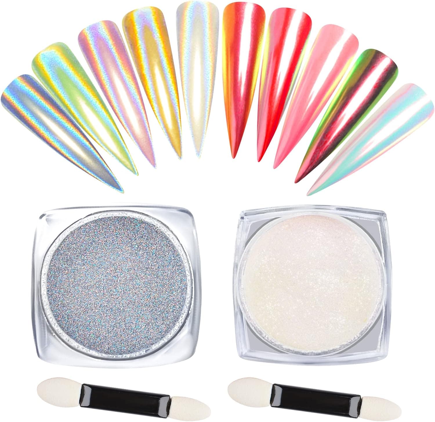 UIIOPJIOM 2 Boxes Chrome Powder for Nails ,Holographic Nail Powder Pearl Nail Powder, Metallic Mirror Effect Iridescent Nail Glitter Aurora Nail Pigment for Salon Home DIY Nail Art Decor