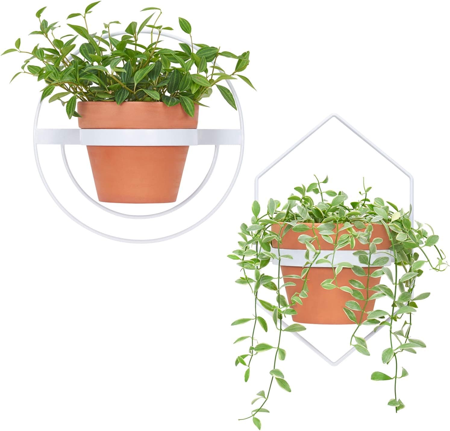 Mkono 2 Pcs Wall Planter - A Diamond & A Circle Shape, Metal Flower Pot Ring Modern Hanging Plant Pot Holder Geometric Bracket Wall Decoration, Fits 6 Inch Pot, White (Planter NOT Included)