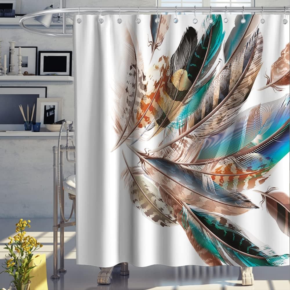 TheBlackSpot Boho Feather Shower Curtain Native American Colorful Feathers Bath Curtains Decor Sets Grommet with Hooks 60W x 72H inches