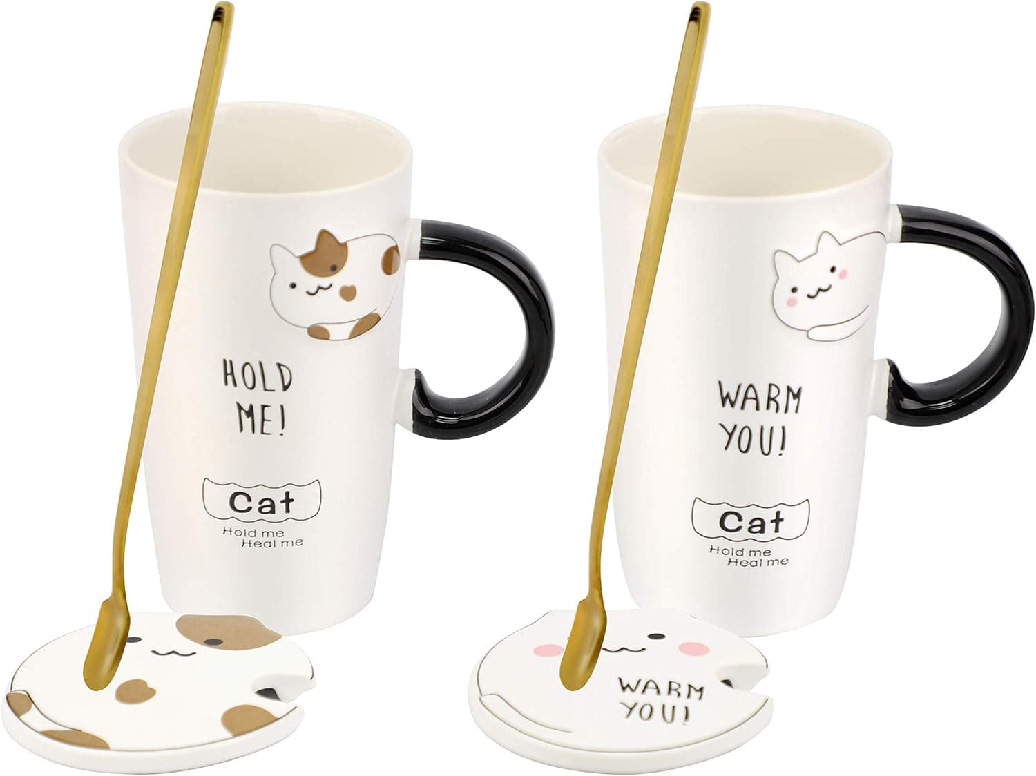 ZHAHA Cute Ceramic Cat Coffee Mug with Stirring Spoon and Lid , Novelty Coffee Mug for Cat Lovers.14oz,Set of 2 (Yellow spots and White)