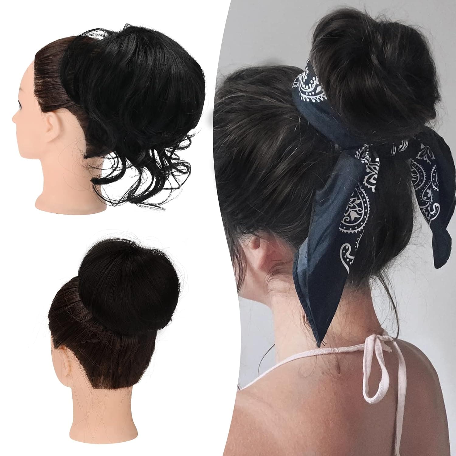 HOOJIH Messy Bun Hair Piece, Long Tousled Loose Curls Wave Bun 1PCS Large Full Hair Bun with Drawstring Synthetic Hair Extensions Curly Wave Scrunchies Hairpiece for Women Color Natural Black