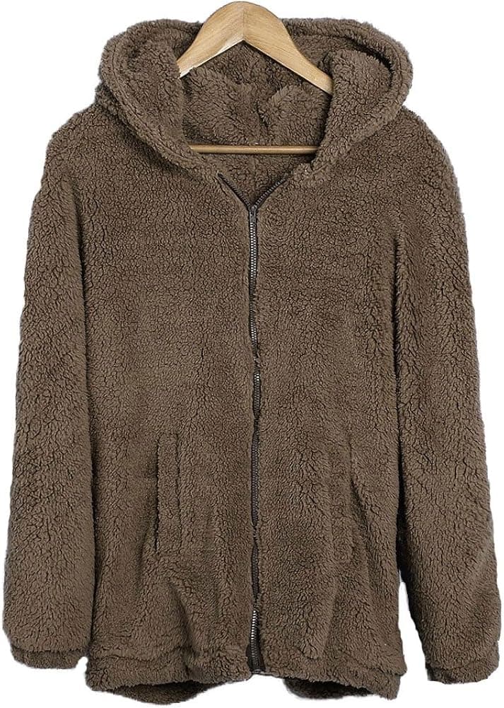 Womens Teddy Bear Ear Coat Hoodie Hooded Jacket Fleece Warm Baggy Outerwear (Coffee)