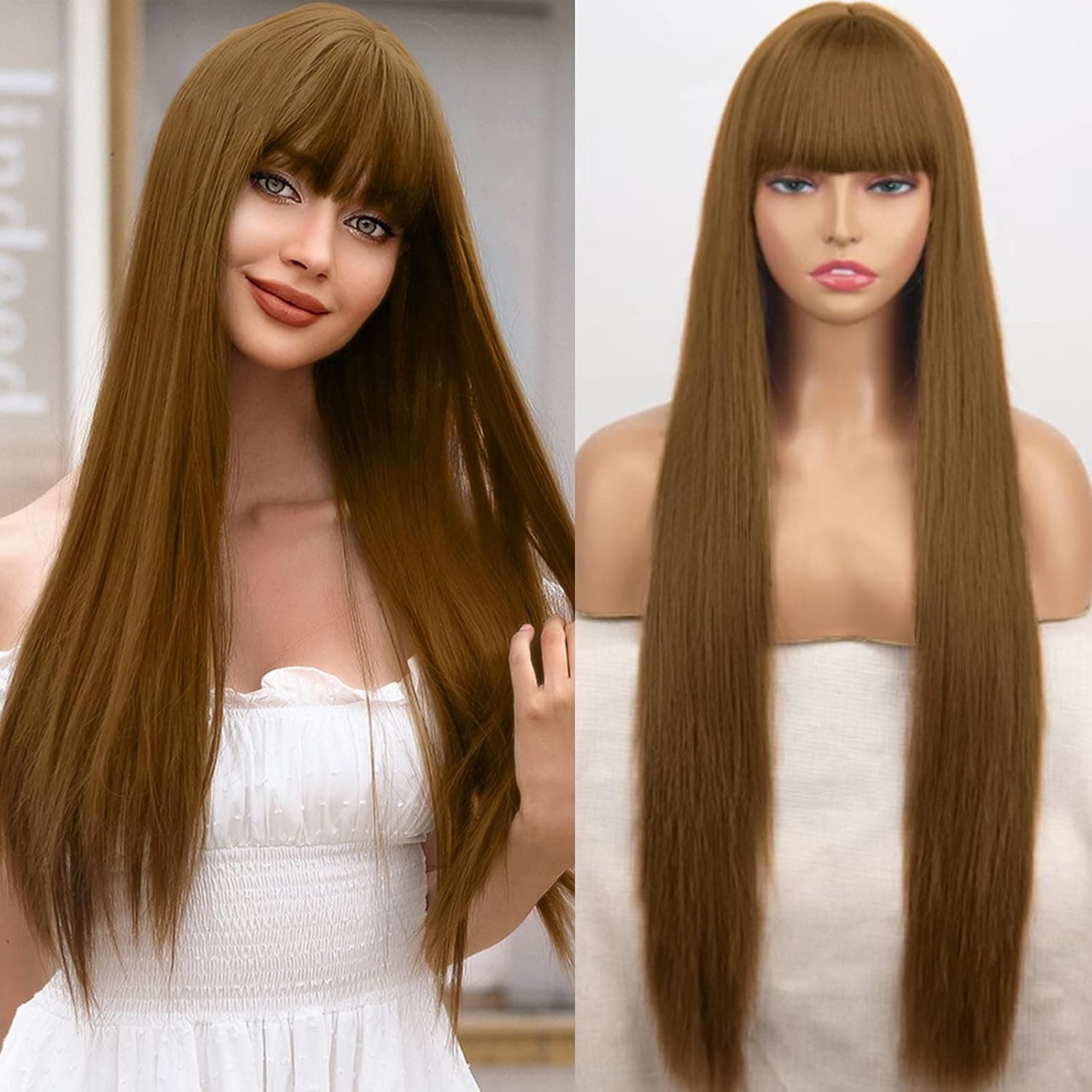 Swetcurly Honey Blonde Long Straight Synthetic Hair Wigs with Bangs Women's Costume Wig Heat Resistant Hair Replacement Wig