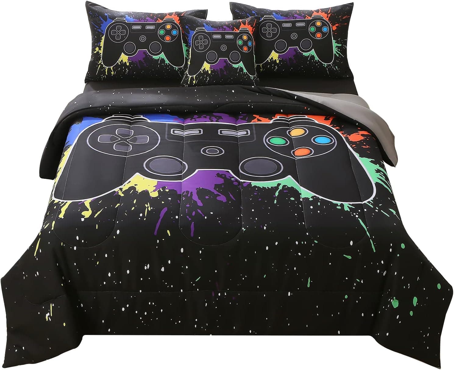 JQinHome Twin Gamer Comforter Sets for Boys,6 Piece Bed in A Bag 3D Video Game Bedding -All Season Soft Microfiber Gamer Bedding Sets for Kids, with Pillowcase, Flat Sheet, Fitted Sheet,Cushion Cover
