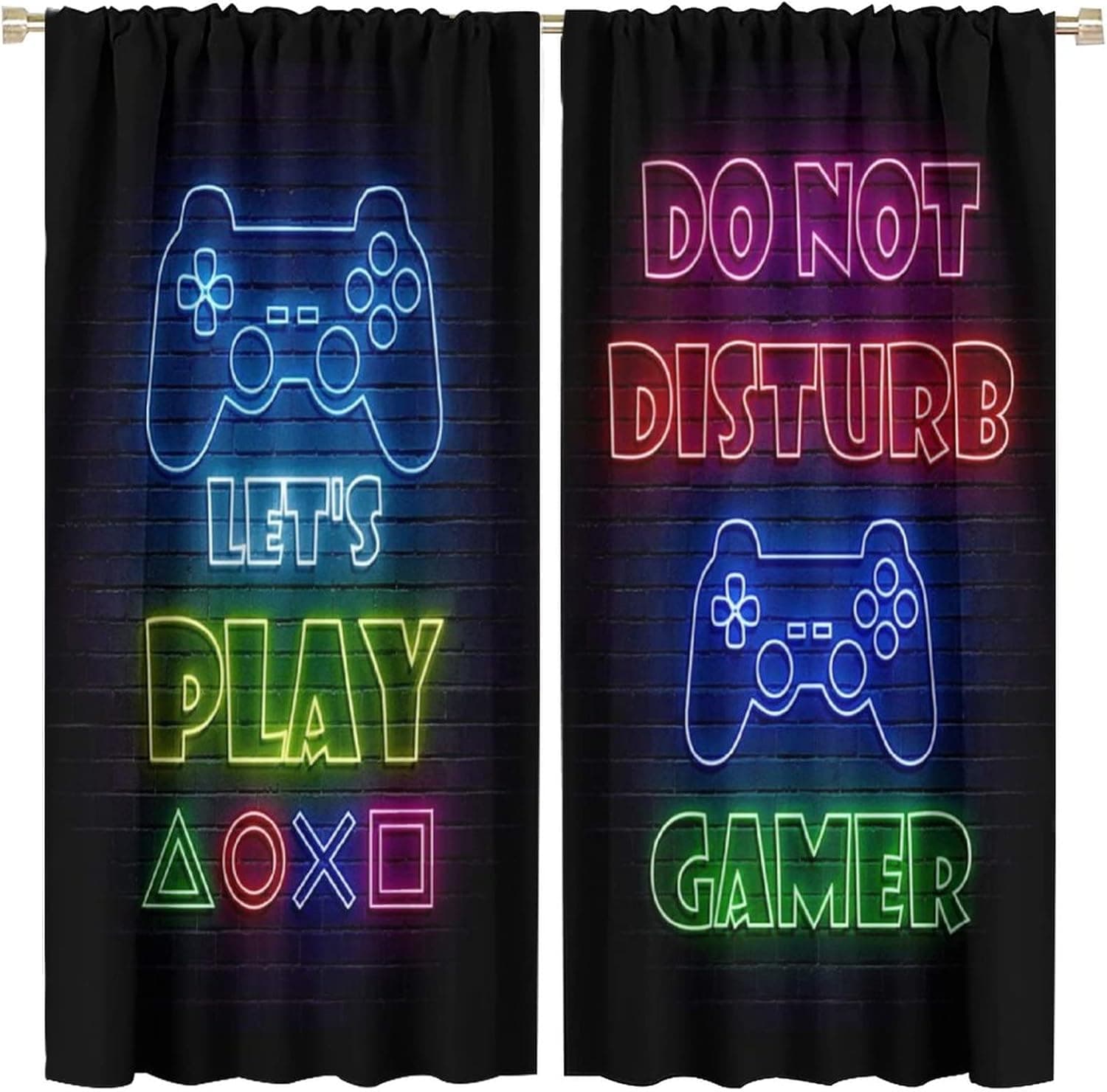Gamepad Gamer Curtains,Video Games Controller Neon Sign Design Room Darkening Noise Reducing Curtain Blackout Curtain for Home Deco 2 Panels Set 42x45in