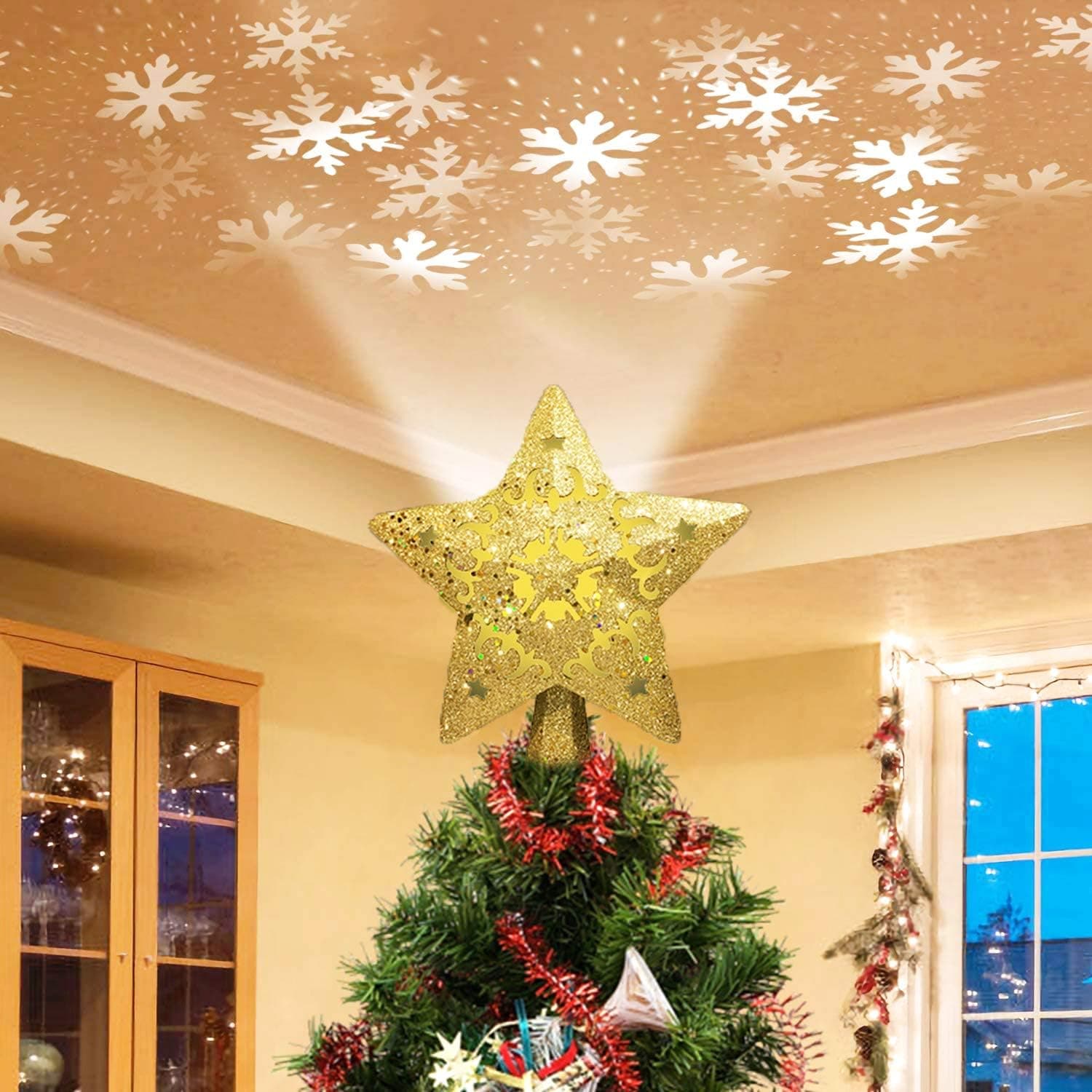 Christmas Tree Topper, Star Tree Topper with White Snowflake Projector Light, Xmas Tree Decorations