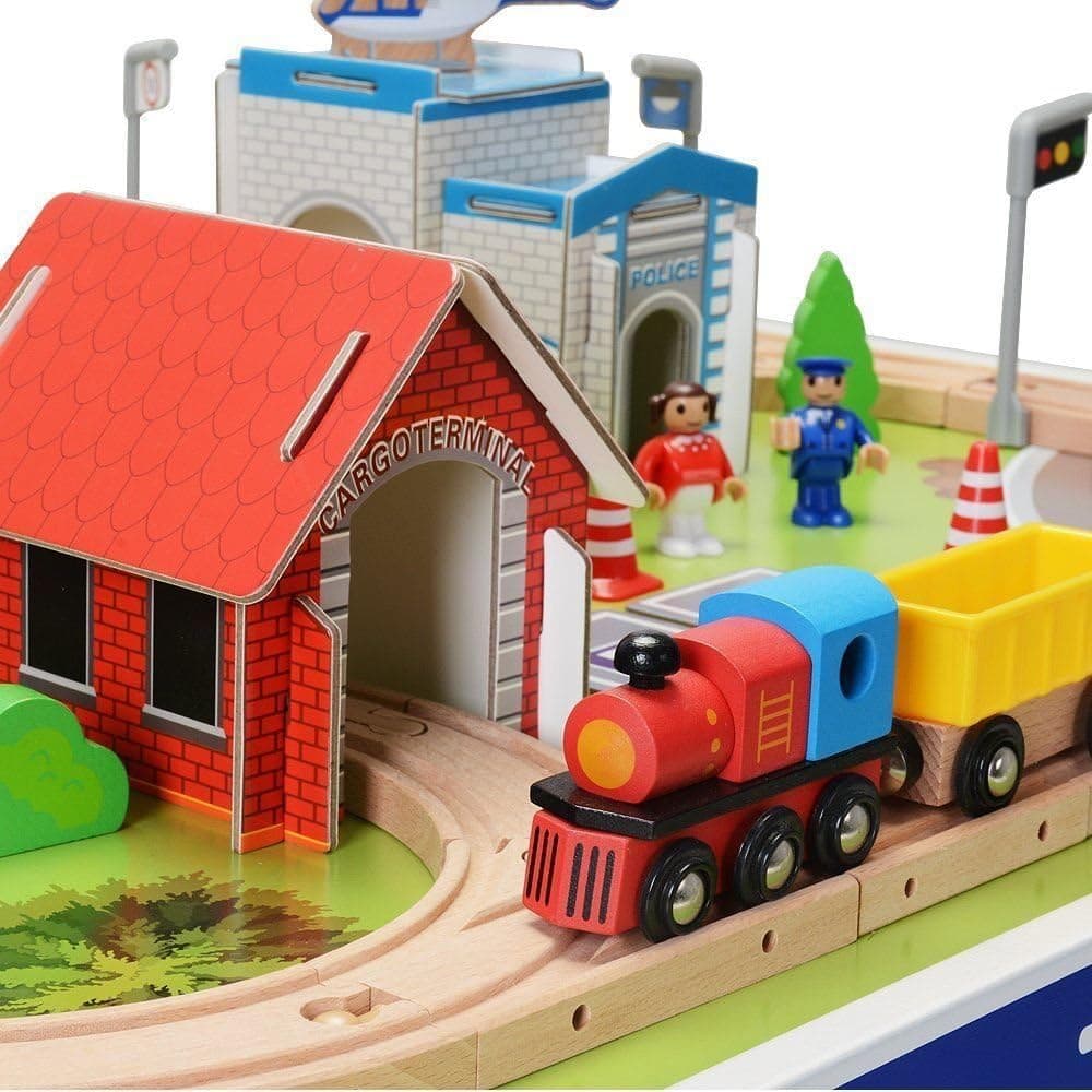 K-JOY Wooden Toy Train Track / 80 Piece Creative Play Train Table Set Compatible with Thomas Brio Chungginton Tracks Great Gift for 3 Year Old Kids Imagination and Inspiration Wooden Train Set
