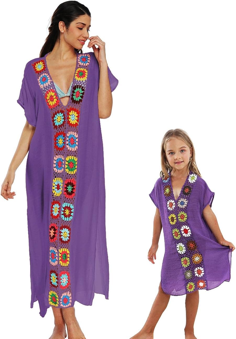 Qunlei Mommy and Me Bikini Swimsuit Cover up Dress V-Neck Family Matching for Kids Girls Toddler Baby 0-3T Purple