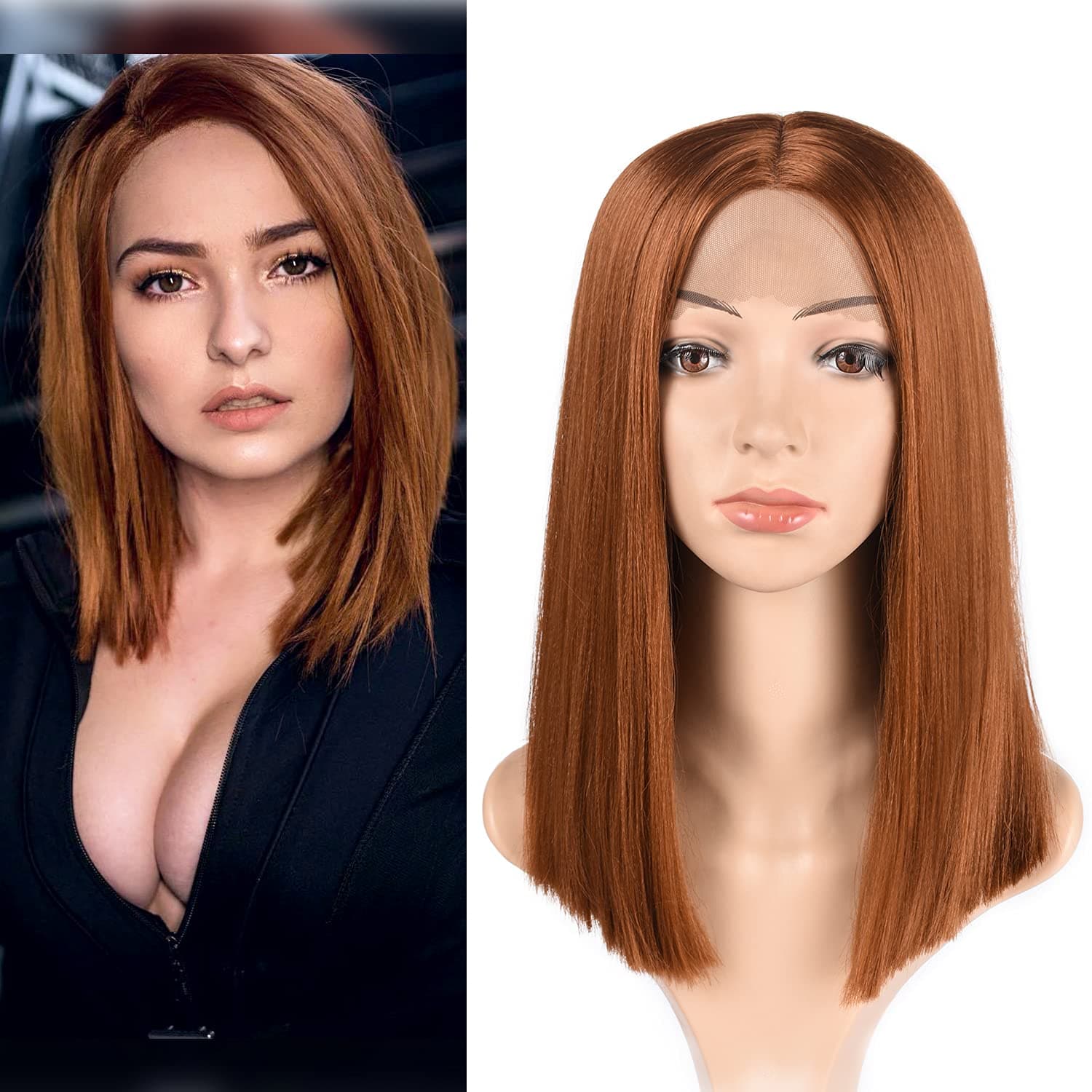 TOFAFA Auburn Brown 30 Lace Front Wig Short Bob Straight Wig 100% Heat Resistant Synthetic Wigs for Women Party Cosplay Costume 15 inch