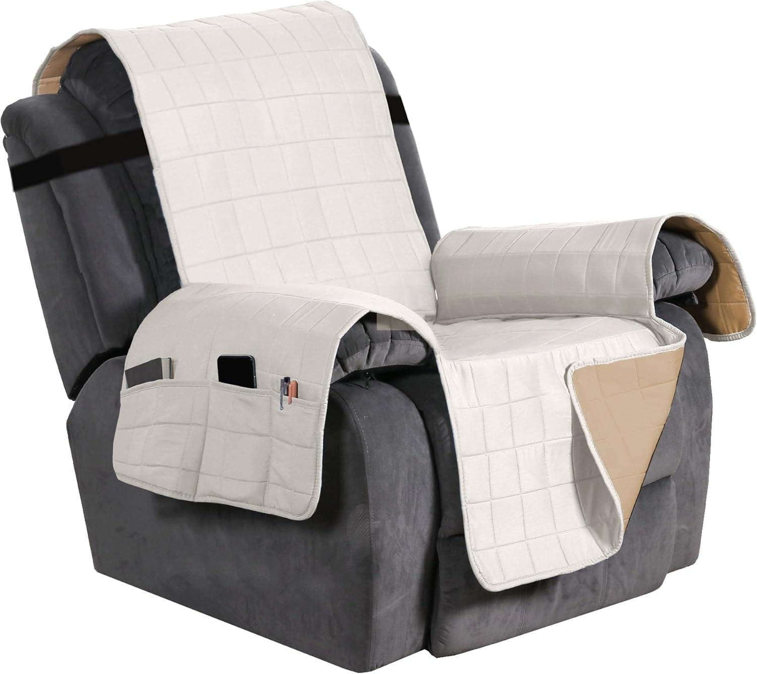Sofa Covers Recliner Slipcover Couch Slipcovers Reversible Quilted Furniture Protector Cover with Elastic Adjustable Straps, Perfect for Kids, Dogs and Cats (Beige/Tan, Recliner)