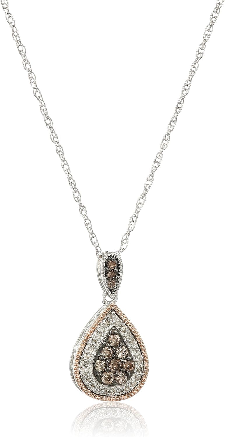 Amazon Collection Sterling Silver and 10k Pink Gold Two Tone with Champagne and White Diamond Pendant Necklace (1/3cttw, I-J Color, I2 Clarity), 18"