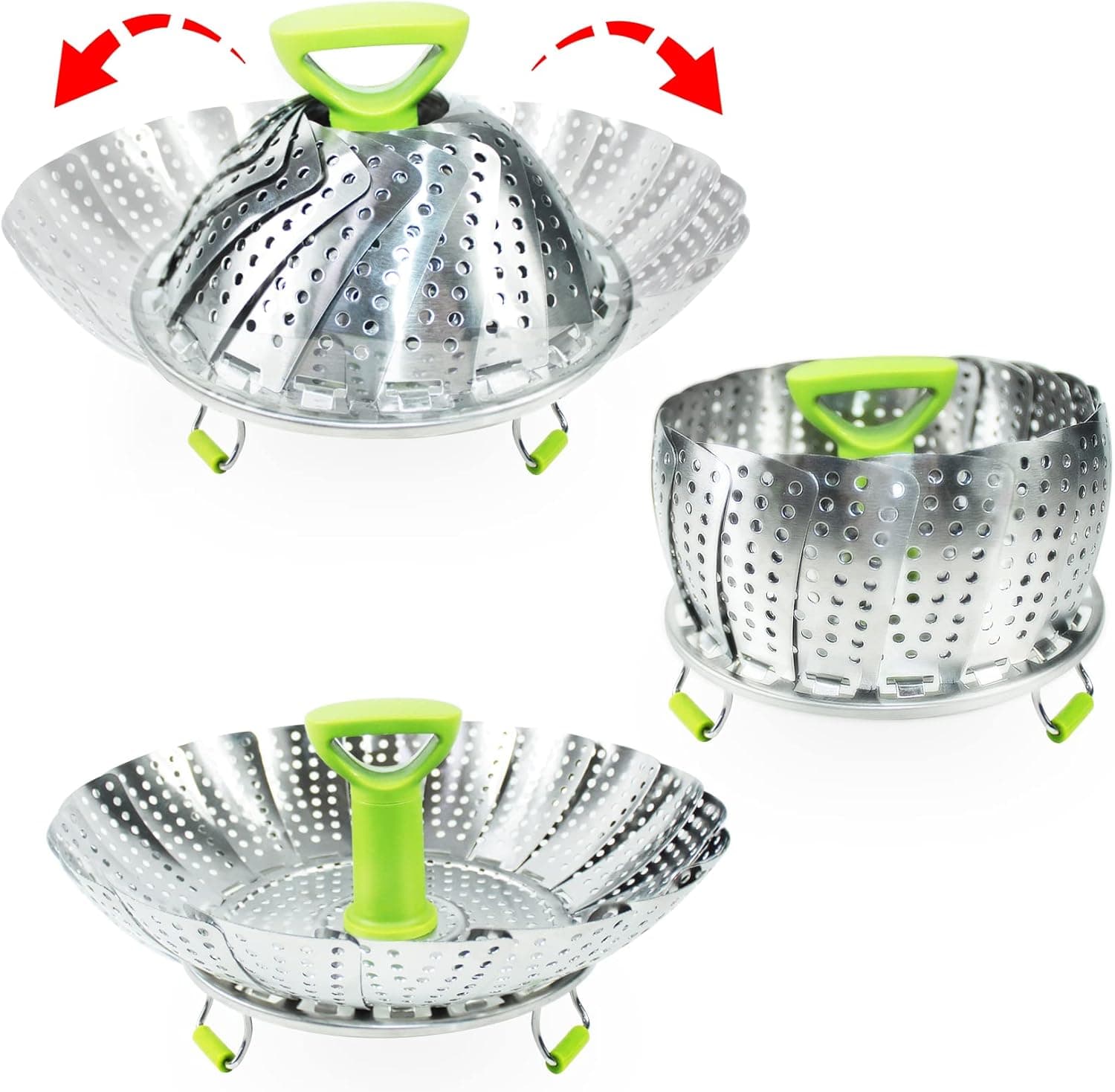 Stainless Steel Vegetable Steamer Basket for Cooking, Food Steamer Basket with Removable Center Handle for Veggie Seafood Cooking, mobzio Folding Expandable Steamer Basket Fit Various Size Pot