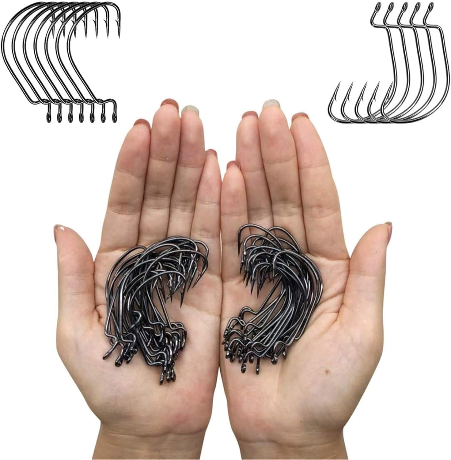 DAMIDEL 50PCS Strong High Carbon Steel Fishing Hooks,Barded Design,Worms Senko Soft Bait Fishhook Set ,Available in 7 Sizes, lndividually Packaged
