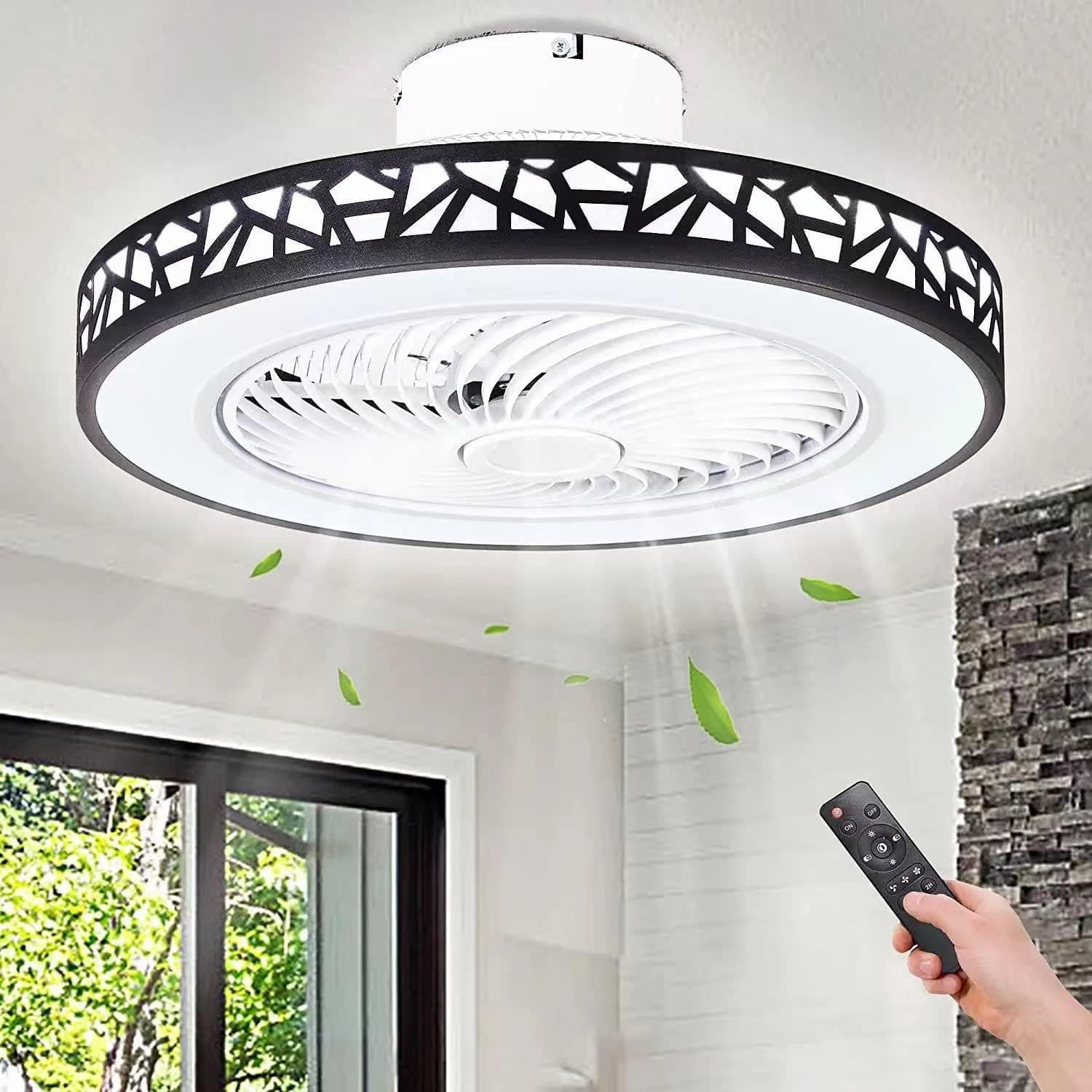 Modern Flush Mount Ceiling Fan with Lights Remote Control, 20" Low Profile Ceiling Fan with 3 Color Changing, 72W Enclosed Ceiling Fan Led Fan Lights with Smart Timing for Bedroom, Living Room